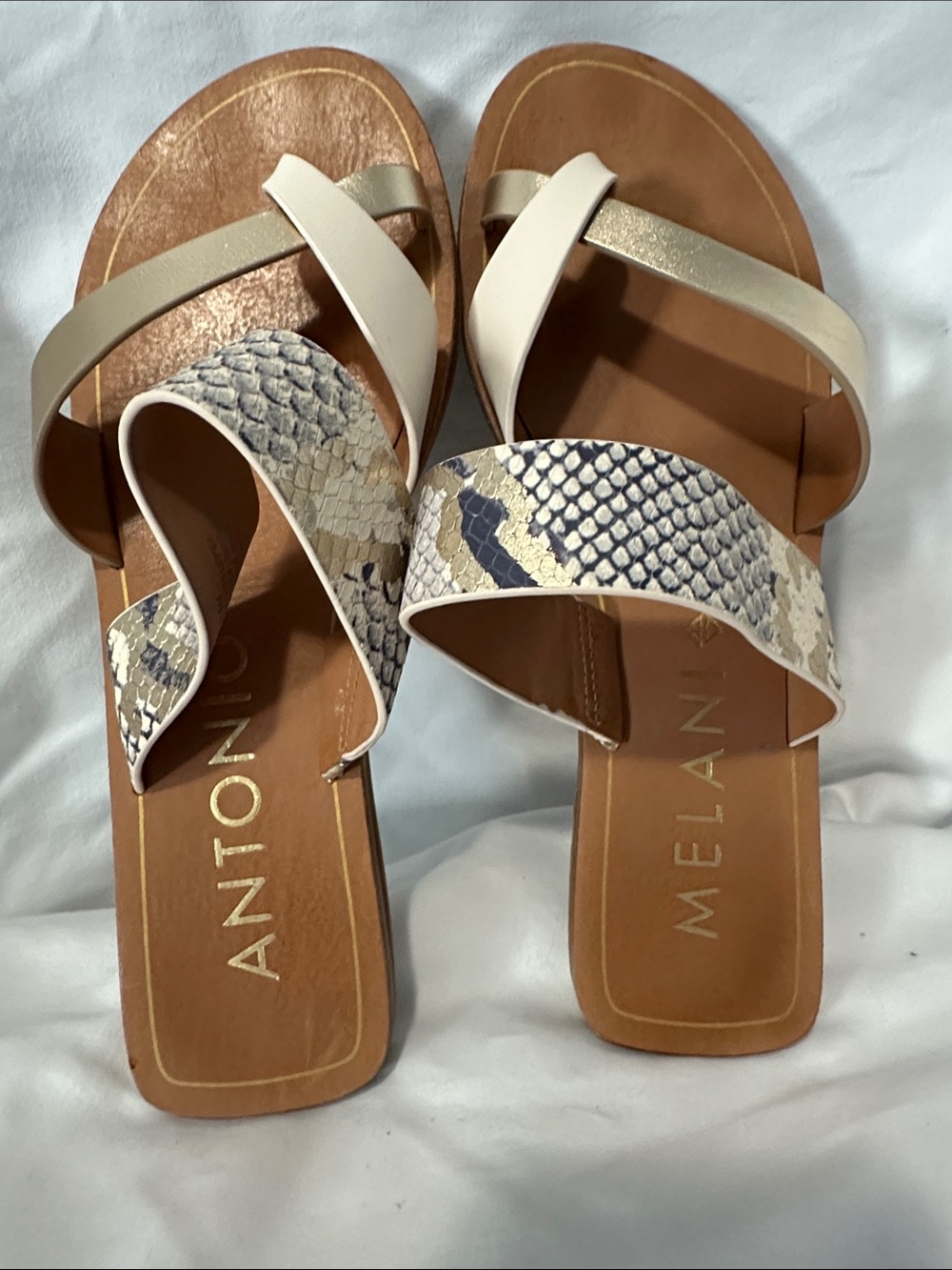 Antonio Melani White & Snake-Print Crossband Slide Sandals